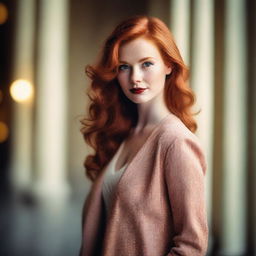 A redhead woman with a confident and elegant demeanor, wearing stylish clothing that accentuates her figure