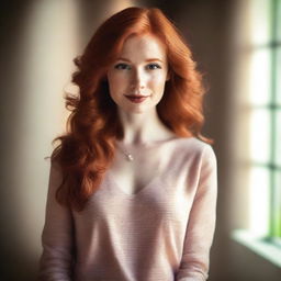 A redhead woman with a confident and elegant demeanor, wearing stylish clothing that accentuates her figure