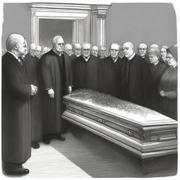 A detailed sketched image of a modern funeral scene