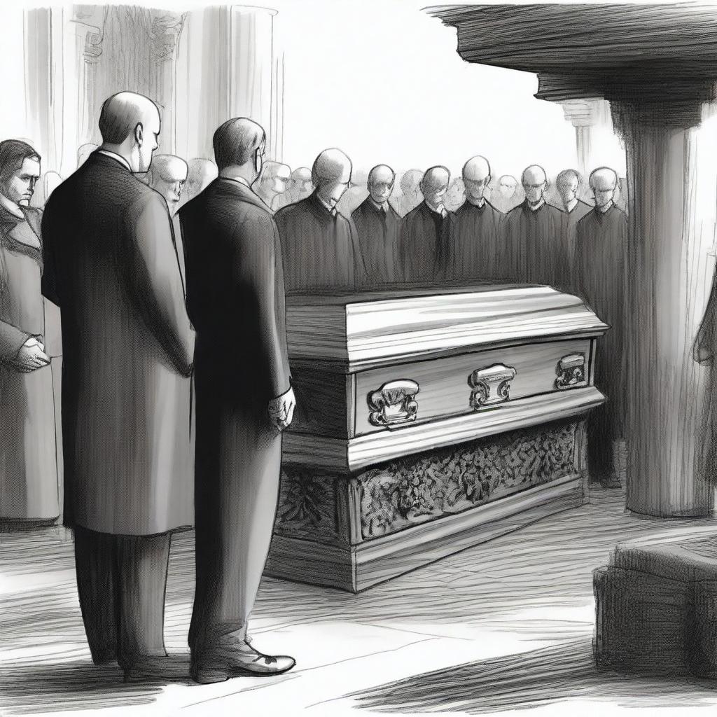 A detailed sketched image of a modern funeral scene