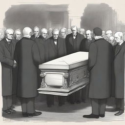 A detailed sketched image of a modern funeral scene