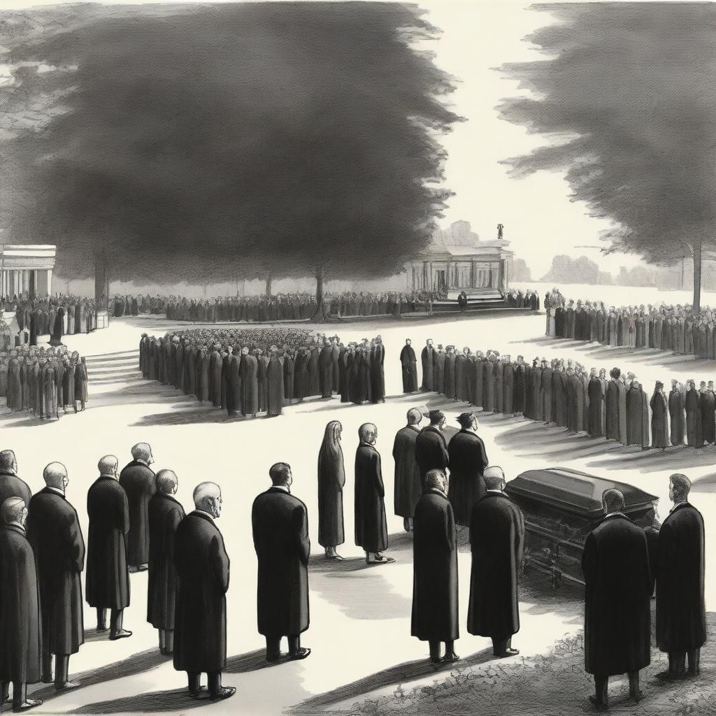 A detailed sketched distant image of a modern funeral taking place in a huge, beautiful yard