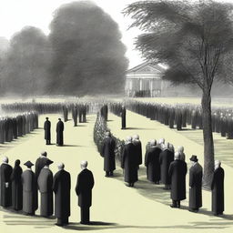 A detailed sketched distant image of a modern funeral taking place in a huge, beautiful yard