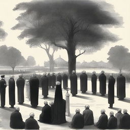 A detailed sketched distant image of a modern funeral taking place in a huge, beautiful yard