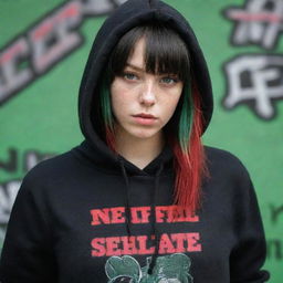 casual photograpy medium body,black with red letters hip hop stamp hoodie, female , 23 year old with green eyes and black long hai with withe streaks in the bangs .,freckles, selfo, graffiti background, medium distance shot, 4k hd,  --styerw--v 5.2 ar 2-3