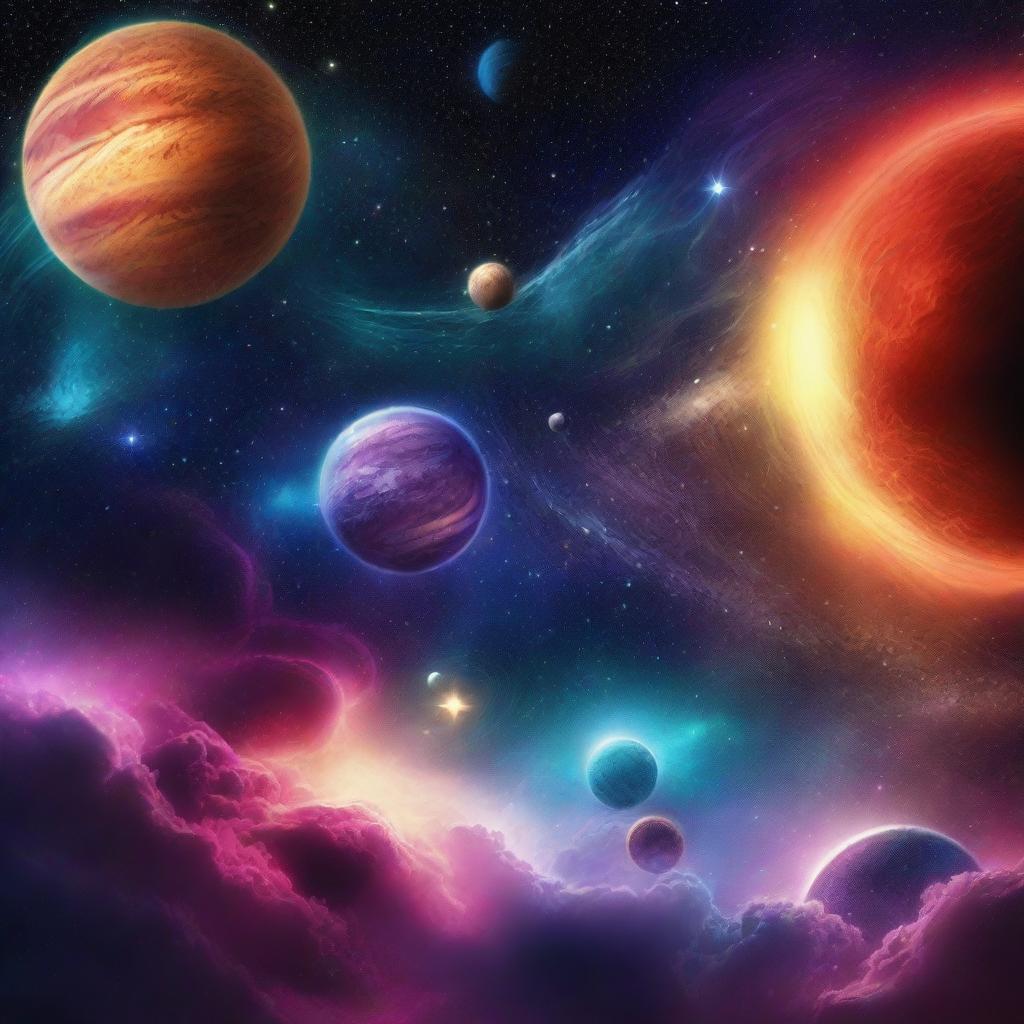 Create an image of outer space featuring a stunning view of planets, stars, and galaxies