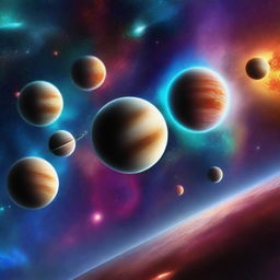 Create an image of outer space featuring a stunning view of planets, stars, and galaxies