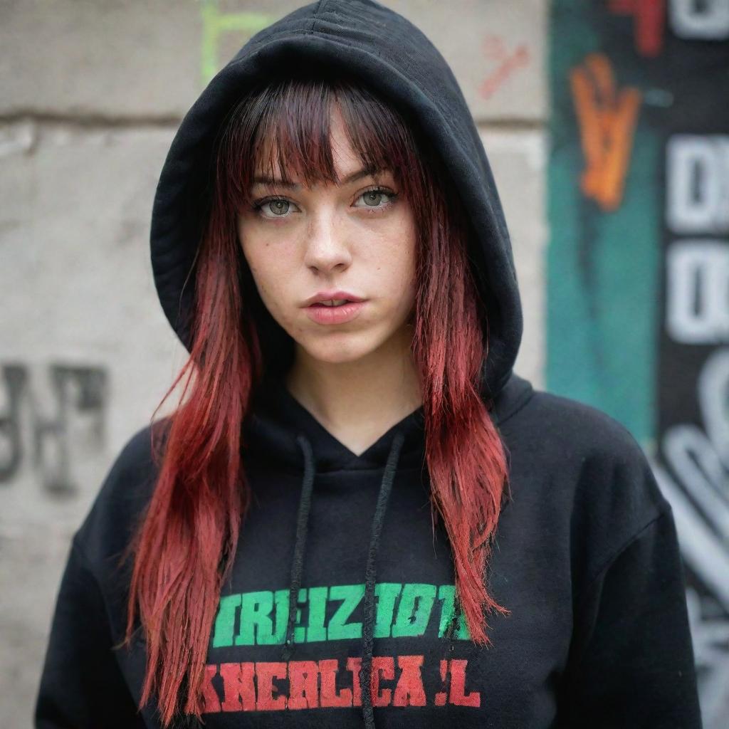 casual photograpy medium body,black with red letters hip hop stamp hoodie, female , 23 year old with green eyes and black long hai with withe streaks in the bangs .,freckles, selfo, graffiti background, medium distance shot, 4k hd,  --styerw--v 5.2 ar 2-3