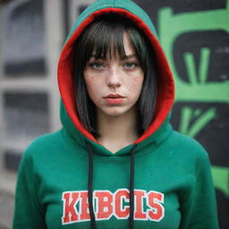 casual photograpy medium body,black with red letters hip hop stamp hoodie, female , 23 year old with green eyes and black long hai with withe streaks in the bangs .,freckles, selfo, graffiti background, medium distance shot, 4k hd,  --styerw--v 5.2 ar 2-3