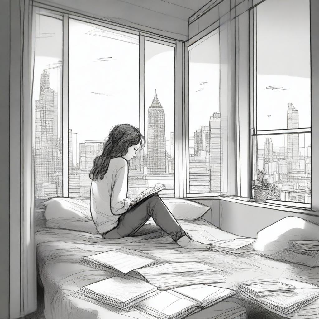 A detailed sketched image of a girl with loose curls sitting on her plush bed with files and papers scattered around