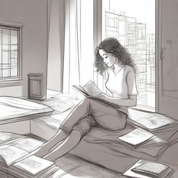 A detailed sketched image of a girl with loose curls sitting on her plush bed with files and papers scattered around