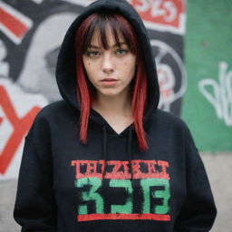 casual photograpy medium body,black with red letters hip hop stamp hoodie, female , 23 year old with green eyes and black long hai with withe streaks in the bangs .,freckles, selfo, graffiti background, medium distance shot, 4k hd,  --styerw--v 5.2 ar 2-3