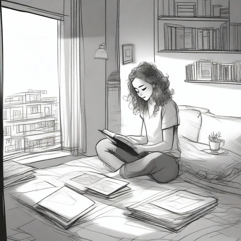 A detailed sketched image of a girl with loose curls sitting on her plush bed with files and papers scattered around