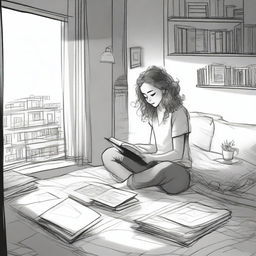 A detailed sketched image of a girl with loose curls sitting on her plush bed with files and papers scattered around