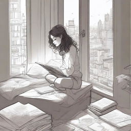 A detailed sketched image of a girl with loose curls sitting on her plush bed with files and papers scattered around