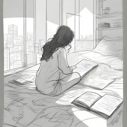 A detailed sketched image of a girl with loose curls sitting on her plush bed with files and papers scattered around