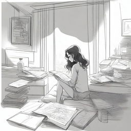 A detailed sketched image of a girl with loose curls sitting on her plush bed with files and papers scattered around