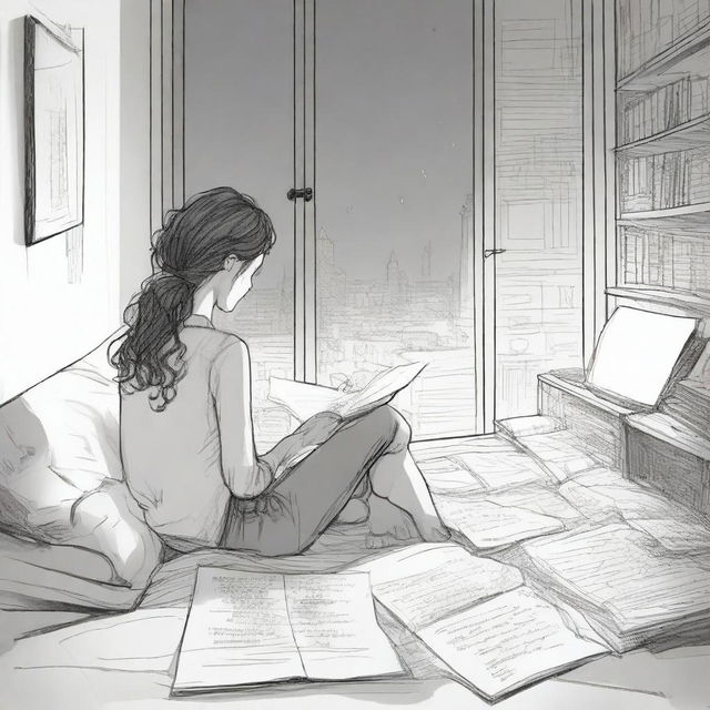 A detailed sketched image of a girl with loose curls sitting on her plush bed with files and papers scattered around