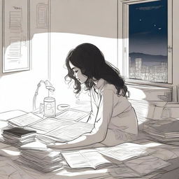 A detailed sketched image of a girl with loose curls sitting on her plush bed with files and papers scattered around