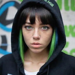 casual photograpy medium body,black with blue letters hip hop stamp hoodie, female , 23 year old with green eyes and black long hai with withe streaks in the bangs .,freckles, selfo, graffiti background, medium distance shot, 4k hd,  --styerw--v 5.2 ar 2-3