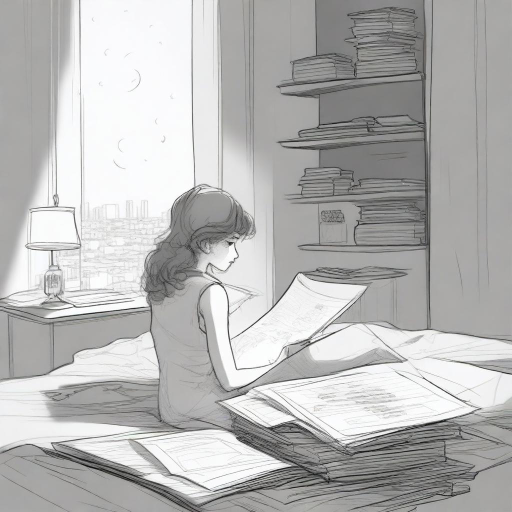 A detailed sketched image of a girl with loose curls sitting on her plush bed with files and papers scattered around