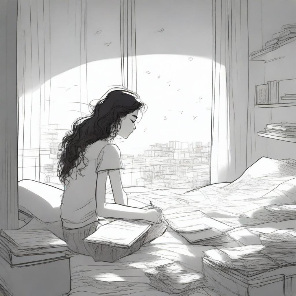 A detailed sketched image of a girl with loose curls sitting on her plush bed with files and papers scattered around