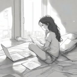 A detailed sketched image of a girl with loose curls sitting on her plush bed with files and papers scattered around