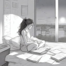 A detailed sketched image of a girl with loose curls sitting on her plush bed with files and papers scattered around