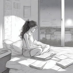 A detailed sketched image of a girl with loose curls sitting on her plush bed with files and papers scattered around