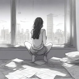 A detailed sketched image of a beautiful girl with loose curls sitting on her plush bed with files and papers scattered around