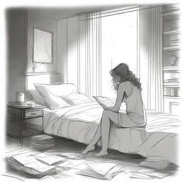 A detailed sketched image of a beautiful girl with loose curls sitting on her plush bed with files and papers scattered around