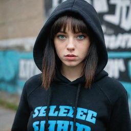 casual photograpy medium body,black with blue letters hip hop stamp hoodie, female , 23 year old with green eyes and black long hai with withe streaks in the bangs .,freckles, selfo, graffiti background, medium distance shot, 4k hd,  --styerw--v 5.2 ar 2-3