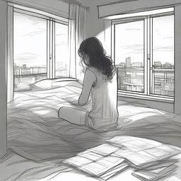 A detailed sketched image of a beautiful girl with loose curls sitting on her plush bed with files and papers scattered around