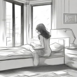 A detailed sketched image of a beautiful girl with loose curls sitting on her plush bed with files and papers scattered around