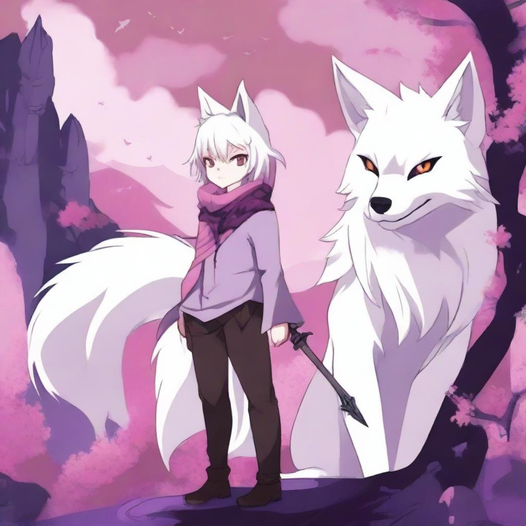 An anime poster featuring a white fox furry boy with purple ears and tail, standing next to a dragon/wolf girl with pink hair