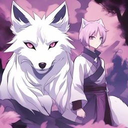 An anime poster featuring a white fox furry boy with purple ears and tail, standing next to a dragon/wolf girl with pink hair