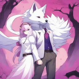 An anime poster featuring a white fox furry boy with purple ears and tail, standing next to a dragon/wolf girl with pink hair