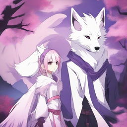 An anime poster featuring a white fox furry boy with purple ears and tail, standing next to a dragon/wolf girl with pink hair