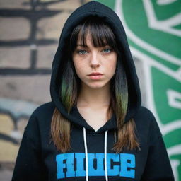 casual photograpy medium body,black with blue letters hip hop stamp hoodie, female , 23 year old with green eyes and black long hai with withe streaks in the bangs .,freckles, selfo, graffiti background, medium distance shot, 4k hd,  --styerw--v 5.2 ar 2-3