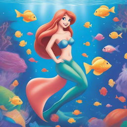 Create a unique depiction of The Little Mermaid, featuring her in an underwater scene with vibrant coral reefs, colorful fish, and magical sea creatures