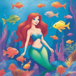 Create a unique depiction of The Little Mermaid, featuring her in an underwater scene with vibrant coral reefs, colorful fish, and magical sea creatures