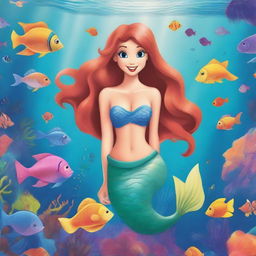 Create a unique depiction of The Little Mermaid, featuring her in an underwater scene with vibrant coral reefs, colorful fish, and magical sea creatures