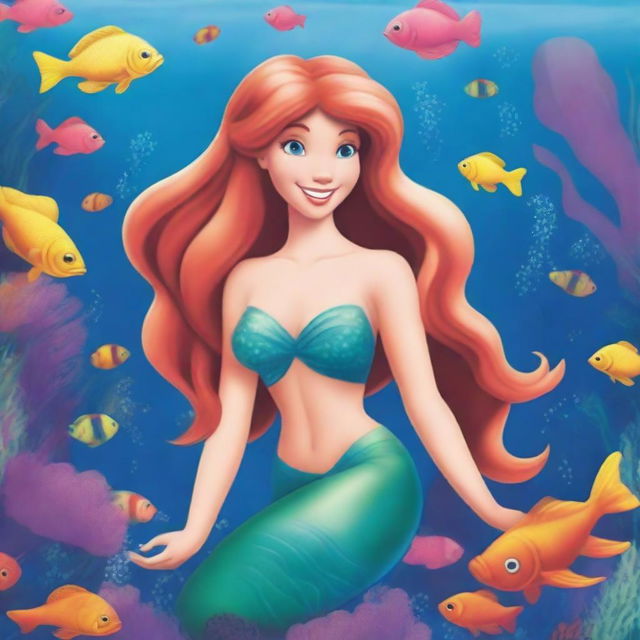 Create a unique depiction of The Little Mermaid, featuring her in an underwater scene with vibrant coral reefs, colorful fish, and magical sea creatures