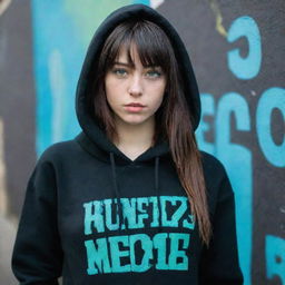 casual photograpy medium body,black with blue letters hip hop stamp hoodie, female , 23 year old with green eyes and black long hai with withe streaks in the bangs .,freckles, selfo, graffiti background, medium distance shot, 4k hd,  --styerw--v 5.2 ar 2-3