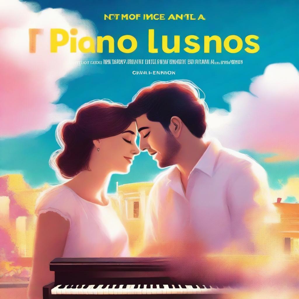 A movie poster featuring white clouds and the light of the sunshine over a piano