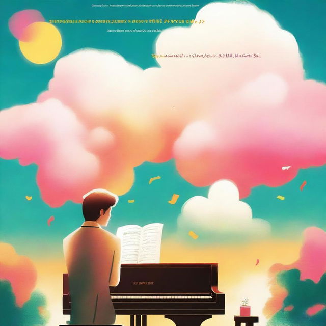 A movie poster featuring white clouds and the light of the sunshine over a piano