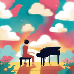 A movie poster featuring white clouds and the light of the sunshine over a piano