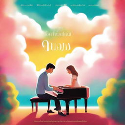 A movie poster featuring white clouds and the light of the sunshine over a piano