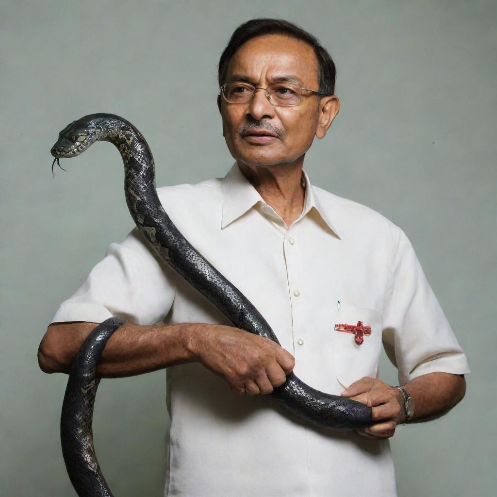 An Indian man standing bravely by Anwar Ibrahim with a majestic snake gently coiling around his shoulders.