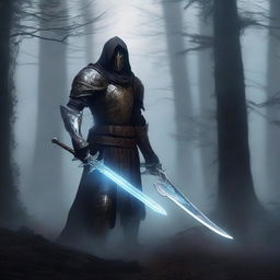 A haunted paladin standing in a dark, eerie forest